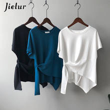 Jielur Solid Color Summer T-shirt O-neck Black White Blue T Shirts For Woman Base Loose Women Short Sleeve Tops Side Tie 2024 - buy cheap