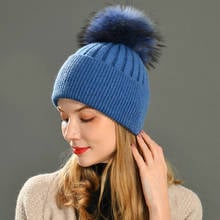 Chapéu de inverno feminino removível, chapéu pompom de pele de guaxinim natural, chapéu pompom para mulheres, gorros femininos 2024 - compre barato