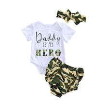 Conjunto de ropa para niña pequeña, mono de manga corta de papá es mi héroe, pantalones cortos de camuflaje, trajes de diadema, 3 uds., 2020 2024 - compra barato