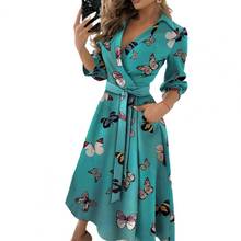 Женское однотонное платье с поясом, элегантное платье с длинным рукавом и широким подолом, с глубоким V-образным вырезом, уличная одежда на весну и лето 2024 - купить недорого