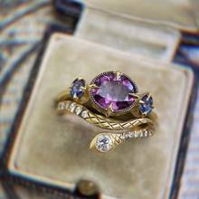Conjunto de anillos de lujo con piedras de cristal púrpura para mujer, joyería con incrustaciones de circonita dorada, para boda, fiesta de compromiso, regalos 2024 - compra barato