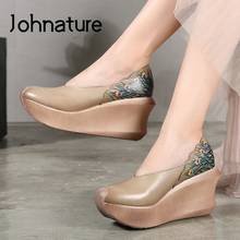 Johnature Retro Platform Women Shoes Genuine Leather 2022 New Spring Round Toe Pumps Wedges Casual High Heels Ladies Shoes 2024 - buy cheap