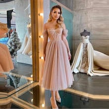 2022 Formal Gowns Dusty Pink Dotted Tulle Evening Party Dresses Off the Shoulder Corset Short Prom Dresses Tea Length платье 2024 - buy cheap