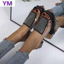 PVC Summer 2021 Sexy PU Square Toe High Heel Sandals Crystal Summer Fashion Slip on Square Heels Slides Women Mules Party 35-43 2024 - buy cheap