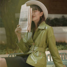 Chaqueta de cuero para mujer, abrigo elegante verde Vintage de manga larga de un solo pecho, moda de motocicleta, PU, Otoño, 2020 2024 - compra barato