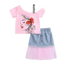 2 Pieces Kids Sweet Suit Set Cartoon Figure Print Short Sleeve Off Shoulder Tops Denim Skirt for Summer 2021 6 Months-5 Years 2024 - buy cheap