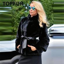 TOPFUR-abrigo negro con cinturón para mujer, abrigo de piel auténtica, ropa de invierno, Abrigo de piel de visón Natural de manga completa 2024 - compra barato