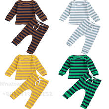 Conjunto de pijamas para bebés y niñas, ropa de salón de manga larga, Top de punto a rayas y pantalones, 2 uds. 2024 - compra barato