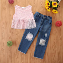 2021 Summer Girls Denim Clothing Sets European American Style Pink Lace Vest Top + Hole Perforated Jeans 2 Pieces Set 2024 - buy cheap