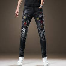 Free Shipping 2019 New men's male denim pants jeans Autumn Embroidered Hole Black Slim Patch Embroidered Tide Brand Trousers 2024 - buy cheap