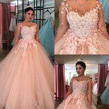 Quinceanera Dresses 2020 Sheer Long Sleeves 3D-Applique vestidos de 15 años Cheap Tulle Bride Party Sweet 16 Prom Gowns 2024 - buy cheap
