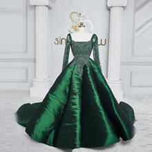 2021 Luxury Green Evening Dresses With Long Train Satin Shiny Long Sleeves Crystals Beaded Plus Size Aso Ebi Prom Gowns 2024 - buy cheap