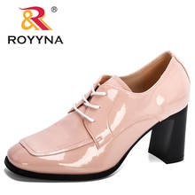 ROYYNA 2020 New Designers Trendy Patent Leather Pumps Chunky Heels Women Pumps Lace Up Zapatos Footwear Feminimo Dress Shoes 2024 - buy cheap