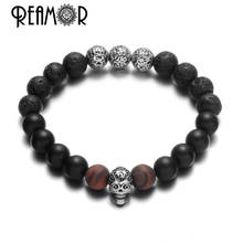 REAMOR Natural Stone Lava Stone Stretch Bracelets 316l Stainless Steel Skull Black Onyx Beaded Men Bracelet Punk Jewelry 2024 - buy cheap