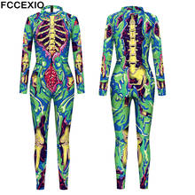 FCCEXIO Adult Cosplay Costumes Halloween Skull 3D Print Bodysuits Women Sexy Slim Elastic Jumpsuit Long Sleeve Catsuit 2024 - buy cheap