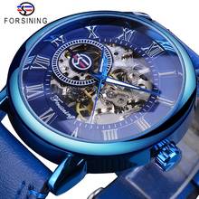 Forsining-Reloj de pulsera de cuero auténtico para hombre, cronógrafo mecánico de esqueleto, color azul, con correa de cuero auténtico, clásico, para negocios, regalo 2024 - compra barato