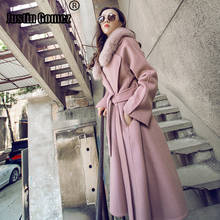 Premium real gola de pele de raposa dupla face casaco de lã cashmere stlylish tecido rosa coreano novo inverno jaqueta feminina com cinto 2024 - compre barato
