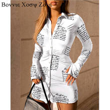 Women Turn-down Collar Letter Print Buttoned Bell Sleeve Shirt Dress 2024 - buy cheap