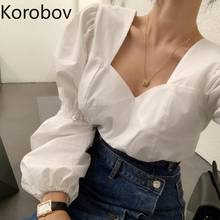 Korobov Elegant White Bandage Slim Women Blouses Vintage Puff Long Sleeve Blusas Mujer 2020 New Chic Female Shirts 2024 - buy cheap