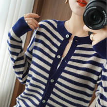 BELIARST Spring and Autumn New Cashmere Cardigan Ladies O-Neck 100% Pure Wool Sweater All-match Sweater Striped Sweater Women 2024 - buy cheap