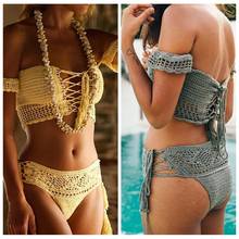 2020 Crochet Bikini set sexy women off shoulder Tops+ hollow out short bottom swimwear swimsuit bathing suit 2024 - buy cheap