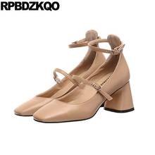 Size 4 34 Thick Block Mary Janes Women Shoes Korean Chunky High Heels Medium Ankle Strap 2021 Pumps Square Toe Ladies Fashion 2024 - buy cheap