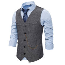 Gray Herringbone Woolen Suit Vest Men Single Breasted Chain Decoration Gentleman Formal Vest Waistcoat Men Tuxedo Dress Vests 2024 - buy cheap