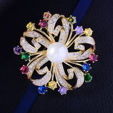 OKILY Delicate Colorful Zircons Broochpin for Women's Winter Decoration Accessories Big Flowers Brooches with Pearl Jewellery 2024 - buy cheap