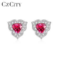 CZCITY Stud Earrings for Women Romantic Flowers Triangle Red Gem 925 Sterling Silver Fine Jewelry Dating Christmas Gift SE608 2024 - buy cheap