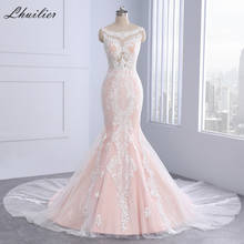 Lhuilier Lace Mermaid Pink Wedding Dresses Floor Length Sleeveless Appliqued Illusion Bridal Dress Chapel Train 2024 - buy cheap