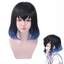 Hashibira Inosuke peluca Cosplay pelucas Anime Demon Slayer: Kimetsu no Yaiba negro y azul Peluca de Cosplay resistente al calor + gorro de peluca 2024 - compra barato