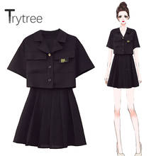Trytree-Conjunto de dos piezas con cuello vuelto para mujer, Tops de una hilera de botones + falda, miniconjunto plisado de 2 piezas 2024 - compra barato