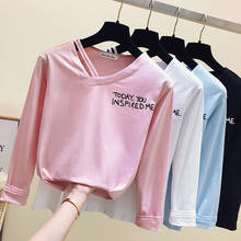 gkfnmt Cotton T-shirt Women Tops Long Sleeve Hollow Out Letter Tshirt Women Autumn Winter Top 2019 Tee Shirt Femme Pink Blue 2024 - buy cheap