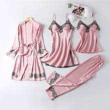 Pink Silk Sleepwear Lady Pajamas Suit Nighty&Robe Set Sexy Satin Intimate Lingerie Casual Bridal Wedding Gift Homewear Nightgown 2024 - buy cheap