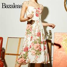 Женское платье миди Bazaleas, элегантное белое платье с цветочным принтом, винтажное эластичное платье с разрезом по бокам на тонких бретелях, vestido 2024 - купить недорого