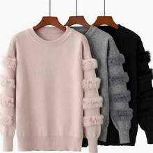 2019 autumn and winter new women's fashion rabbit fur decorative sleeve sweater solid color pullover sweater sweater 2024 - buy cheap