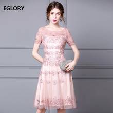 Top Quality New 2020 Summer Party Luxury Women O-Neck Exquisite Embroidery Short Sleeve Mid-Calf Length Blue Pink Dress XXXL 2024 - buy cheap