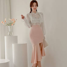 Spring New Style Skirt Suit Two Piece Set Temperament Lace Patchwork Blouse&Irregular Ruffle High Waist Fishtail Skirt Outfits 2024 - buy cheap