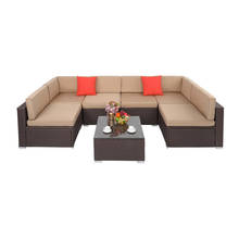 7Pcs Outdoor Patio Furniture Set 2 Corners 4 No Armrests Sofa 1 Square Coffee Table Dark Brown Pattern Rattan Khaki Cushion 2023 - buy cheap
