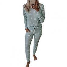 Conjuntos de pijamas femininos lazer elegante casual estampa de pentagrama blusa de manga comprida calças roupas de dormir femininas 2021 2024 - compre barato