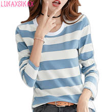 Luxuaxsikax camiseta feminina manga longa, camisa de algodão com listras e contraste, de alta qualidade para primavera e outono 2020 2024 - compre barato