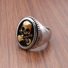 Free Shipping  Punk 316L Stainless Steel Vintage Silver color Golden Plated Guitar Skull Ring Men Rock skull head Rings 2024 - buy cheap