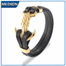 Mkendn pulseira de couro masculina, bracelete clássico, multi-camadas, fecho feito à mão, de aço inoxidável 316l, com fecho dourado 2024 - compre barato