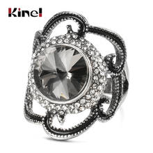 Kinel anel prata tibetano feminino, joia étnica vintage de casamento, pedra de cristal cinza, flores femininas 2024 - compre barato
