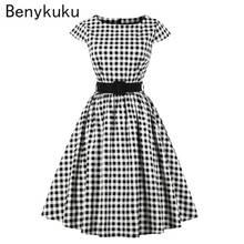 Vestido elegante de algodón con cinturón para mujer, Túnica Retro Rockabilly a cuadros, manga larga, estilo Vintage de los años 50, ropa de verano 2024 - compra barato