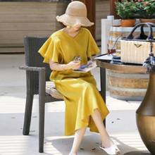 Yellow Butterfly Sleeve Cotton Linen Loose Summer Dress Korean design Ruffles V-neck Lady Shirt Dress 2020 Women Dress DC896 2024 - buy cheap