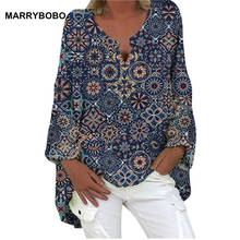 Blusa holgada de lino y algodón para mujer, camisa informal de manga larga con cuello de pico y estampado Irregular, talla grande 5XL, 2021 2024 - compra barato