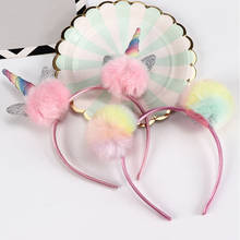 Diademas con orejas de unicornio para bebé, diadema con orejas de gato, doble perla, grande, brillante, colorida, esponjosa, Bola de Pompón, banda para el pelo para niña 2024 - compra barato