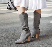 Suede Leather Khaki Gray Black Chunky Heels Pointed Toe Knee High Buckle Long Boots Square Heels Winter Martin Boots Big Size 2024 - buy cheap