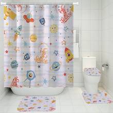 3/4 Pieces Rocket/Planet Shower Curtains Sets Cartoon Small Fresh Carpet Toilet Mat For Bathroom 3D Print Home Bathroom Set 2024 - buy cheap